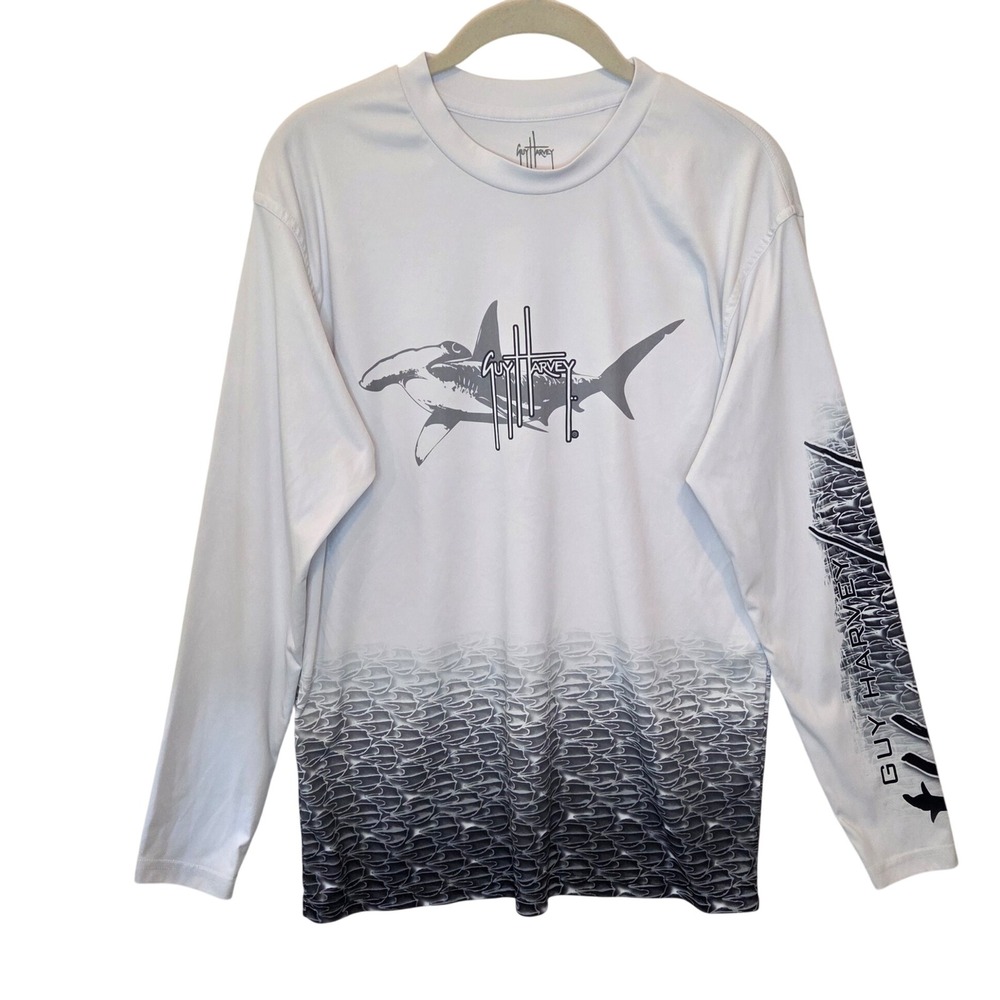 Guy Harvey Mens Small White Hammerhead Shark Long Sleeve Performance Fishing Top